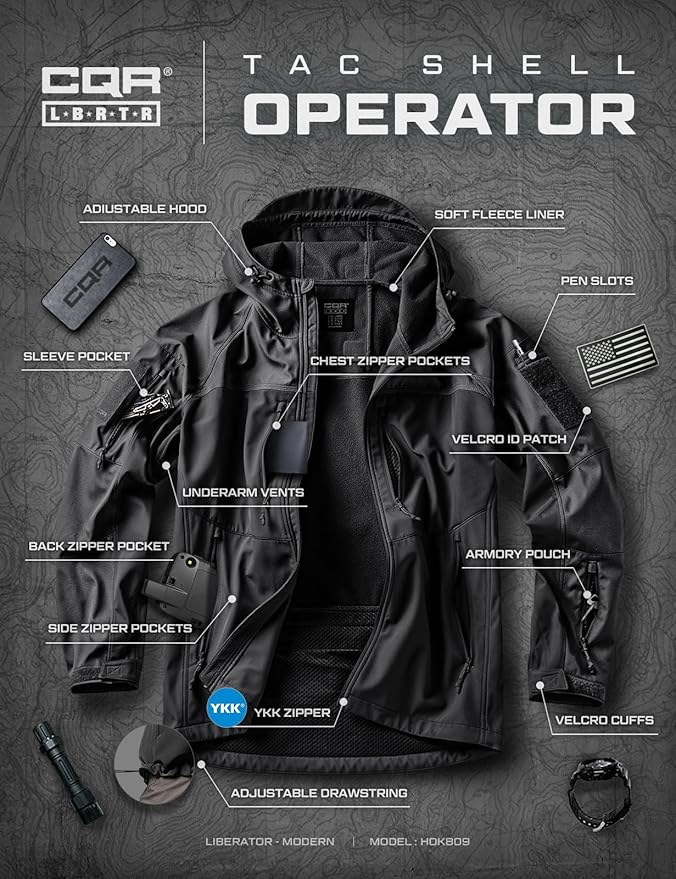 CQR Men's Tactical Softshell Jacket, Winter Warm Fleece Lined Coat, Water Resistant Outdoor Hunting Hiking Rain Windbreaker
