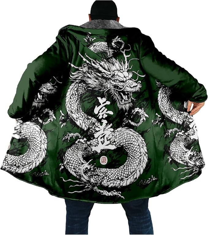 Mens Hooded Cardigan Japanese Art Zip Up Long Sleeve Sweater Hoodie Dragon Print Coat with Pockets