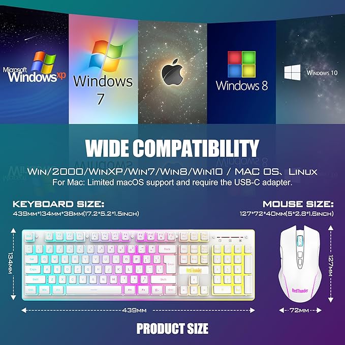 RedThunder K10 Wireless Gaming Keyboard and Mouse Combo, RGB Backlit Rechargeable 3800mAh Battery, Mechanical Feel Anti-ghosting Keyboard + 7D 3200DPI Mice for PC Gamer(White Pudding)
