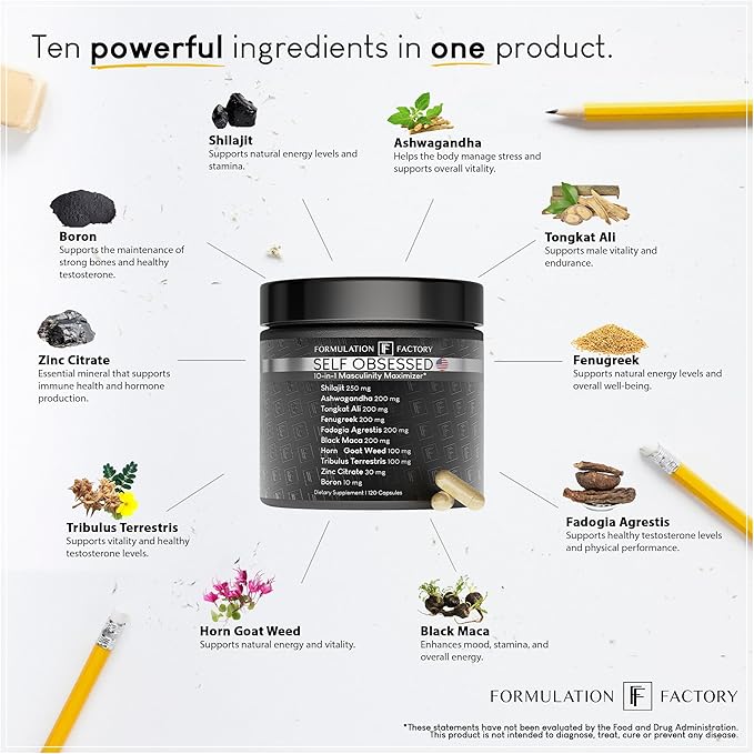 Formulation Factory Self Obsessed 10 in 1 Masculinity Maximizer Supplement, Shilajit for Men, Tongkat Ali, Ashwaganda, Fenugreek Muscle Growth, Energy, Drive, Strength, Recovery 6 Month (Pack of 3)