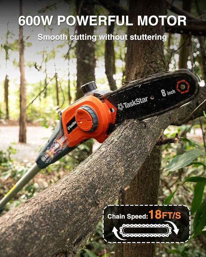 8-Inch Cordless Pole Saw, Electric Pole Saws for Tree Trimming, 2×4000mAh Batteries, 600W Powerful Motor, Max Reach 15Ft, Tool-Free Chain Tensioning, Auto Lubrication