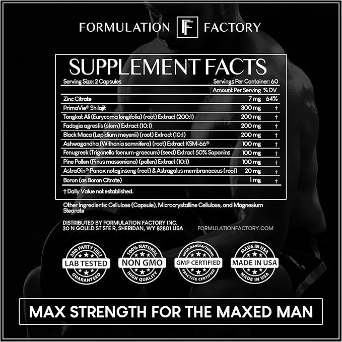 Formulation Factory Self Obsessed MAXXED 10-in-1 Men’s Vitality Supplement with Shilajit, Tongkat Ali, Ashwagandha, Maca, Fadogia, Fenugreek, Zinc, Boron & AstraGin® – 4 Month (Pack of 2)