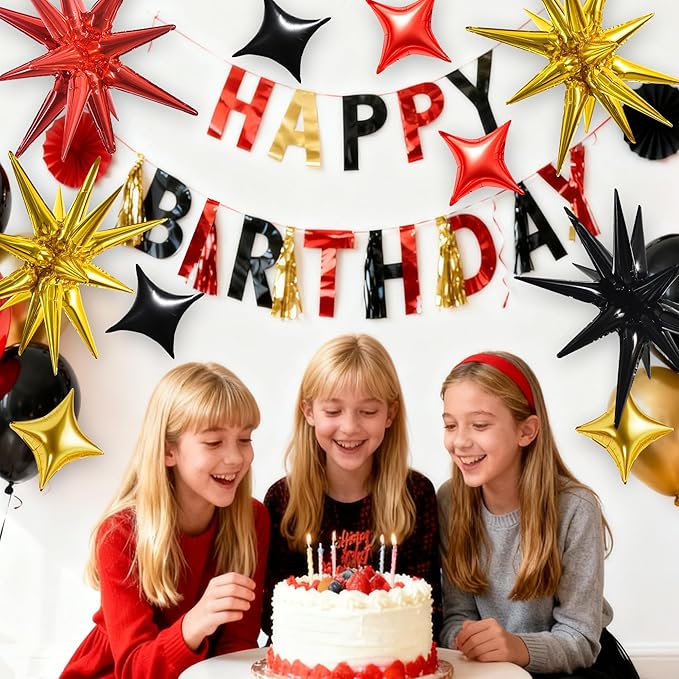 TONIFUL 22Inch 18Pcs Black Gold Red Explosion Star Mylar Balloons and 10Inch Four Pointed Star Balloons Set for Christmas New Year Birthday Wedding Bridal Shower Anniversary Photo Booth Supplies
