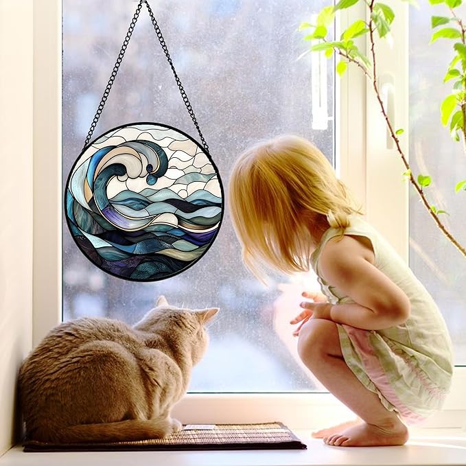Stained Glass Window Hanging, Ocean Waves Sun Catchers Diamond Glass Panel Hangings Abstract Suncatcher Decor for Birthday for Women, Men, Wife, Aunt, and Mom 9.8 in
