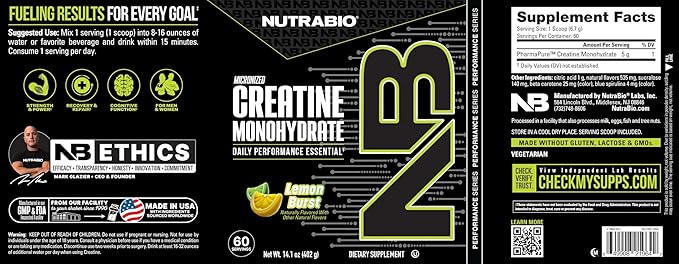 NutraBio Pure Micronized Creatine Monohydrate Powder Supplement, Lemon Burst, (300 g) - Supports Bulk Muscle Energy, Recovery, and Strength - HPLC Tested Creatine Powder Supplement for Men and Women