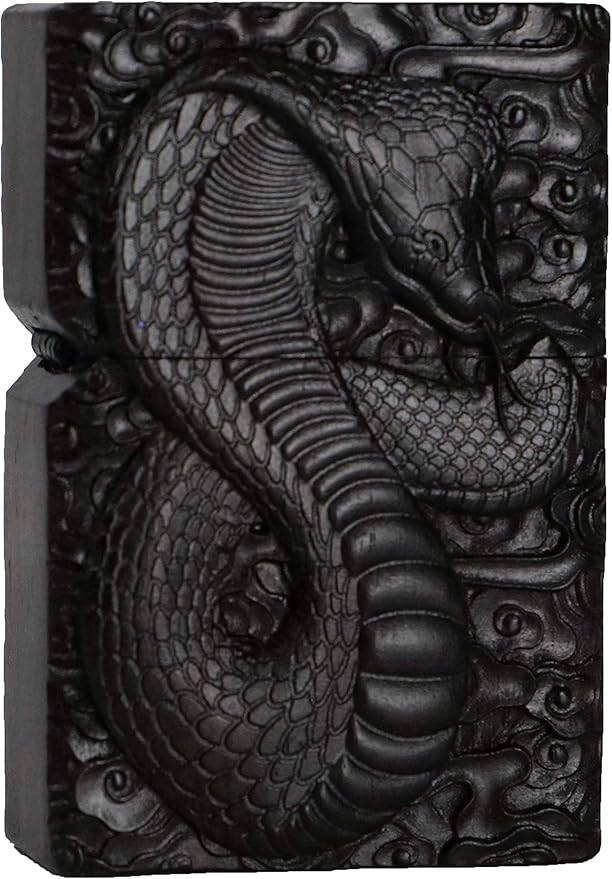 Natural Ebony Black Wood Carved Lighter Shell Box For Zippo Module (Cobra Snake)