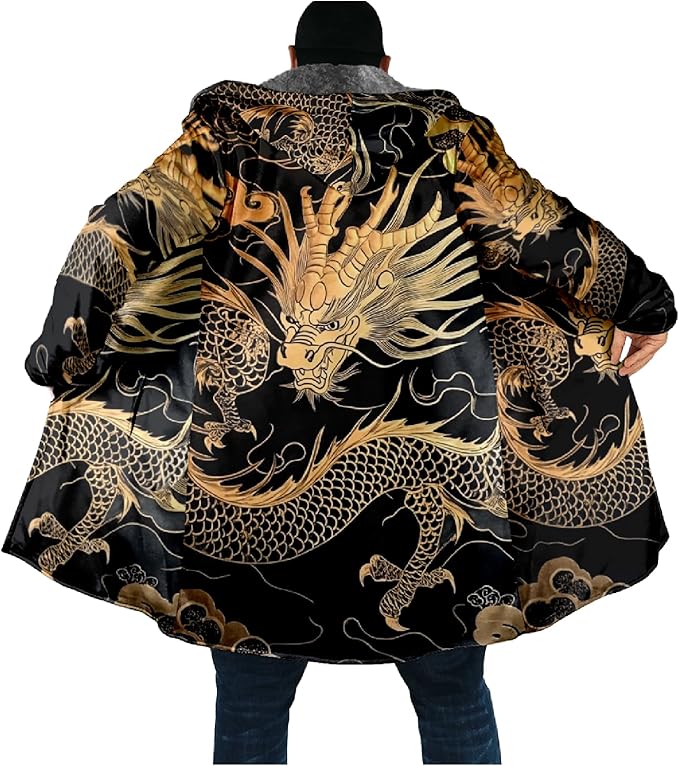 Mens Hooded Cardigan Japanese Art Zip Up Long Sleeve Sweater Hoodie Dragon Print Coat with Pockets