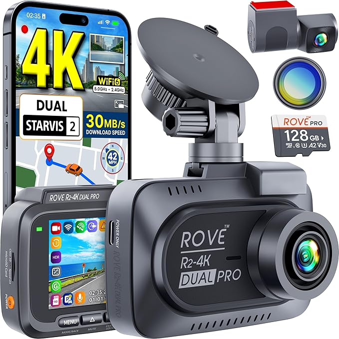 ROVE R2-4K Dual PRO Dash Cam Front and Rear, True 4K+2K Dash Camera for Cars, STARVIS 2 IMX678 + IMX675 Sensors, Free 128GB Card + CPL, WiFi 6 - up to 30MB/s Download Speed, 3" IPS, 24Hr Parking Mode
