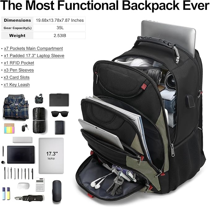 Boavan Laptop Backpack for men, 17.3 inch Laptop Bag with USB Port, Waterproof Travel Work Backpack Purse, Anti-Theft Teacher Nurse Doctor Casual Bookbags Office Business backpack，Black&Army Green