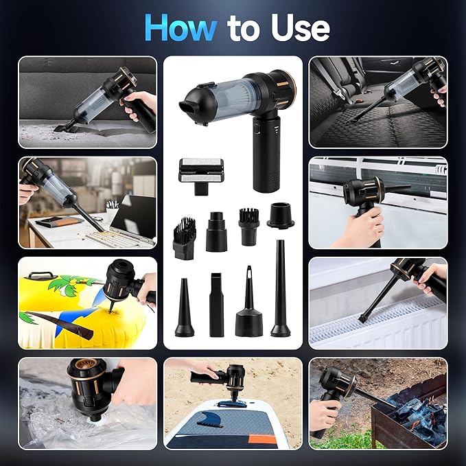 Portable Cordless Mini Car Vacuum Cleaner 16KPa - 80000RPM Brushless Motor Handheld 4-in-1 Compressed Air Duster & Air Blower & Pump Hand Held Vacuum for Car, Home, Office, Camping, Pet