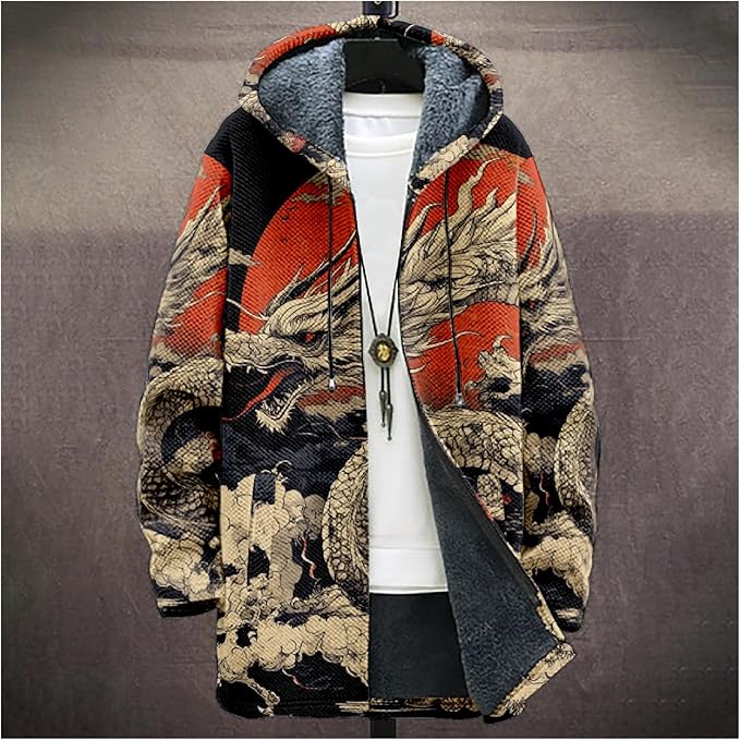 Mens Hooded Cardigan Japanese Art Zip Up Long Sleeve Sweater Hoodie Dragon Print Coat with Pockets