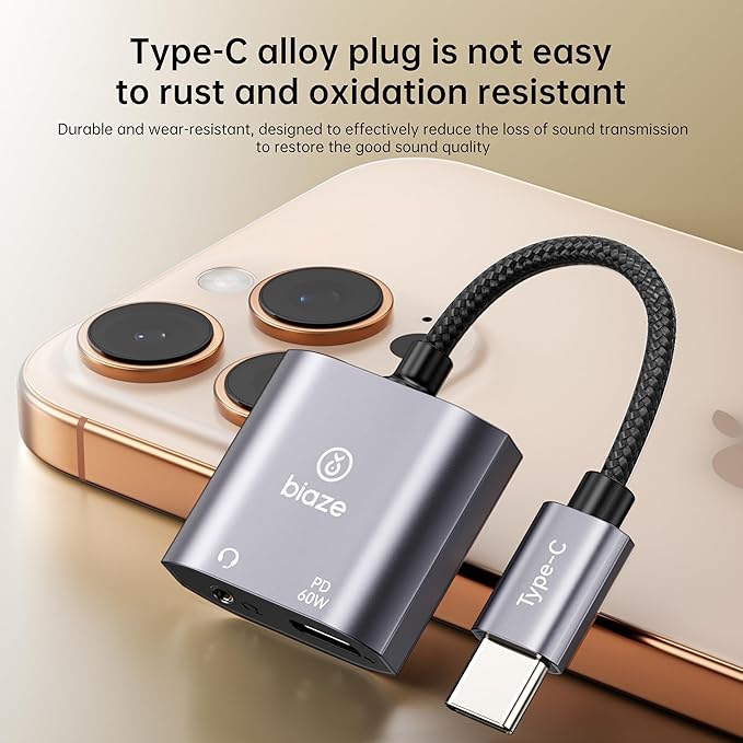 USB‑C to 3.5 mm Headphone & Charger Adapter – 60 W PD Fast Charging, Hi‑Res DAC, Call‑Ready, Compact Aluminium Splitter for Phone/Android/Tablet