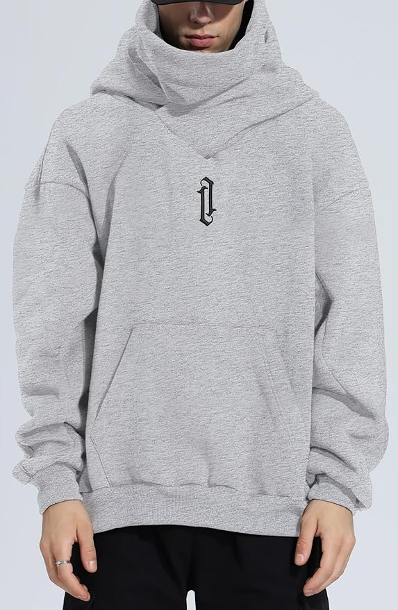Fleece Hoodies for Men Cowl Neck Sweatshirts Hood with neck Gaiter Casual Pullover Fall Winter with Embroidery