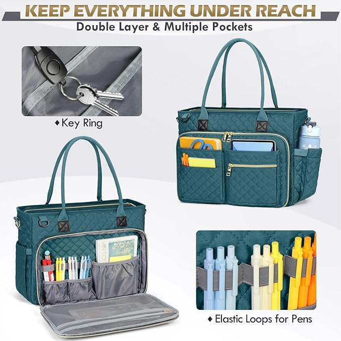 RAINSMORE Teacher Tote Bag 17.3 inch Laptop Bag for Women Work Bags Laptop Tote Nurse Bag Professional Computer Messenger with Insulated Pocket Briefcase, Teal