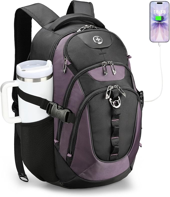 Swissdigital Design Laptop Backpack with USB Charging Port, Travel Backpack Fits 15.6 inches Computer, 31L College School Backpack for Women, Light Purple/Black | SD803-85