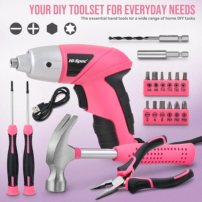 Hi-Spec Electric Screwdriver 19pc 3.6V Pink USB Small Power Screwdriver Set. Cordless & Rechargeable wtih Compact Hand Tool Box Set