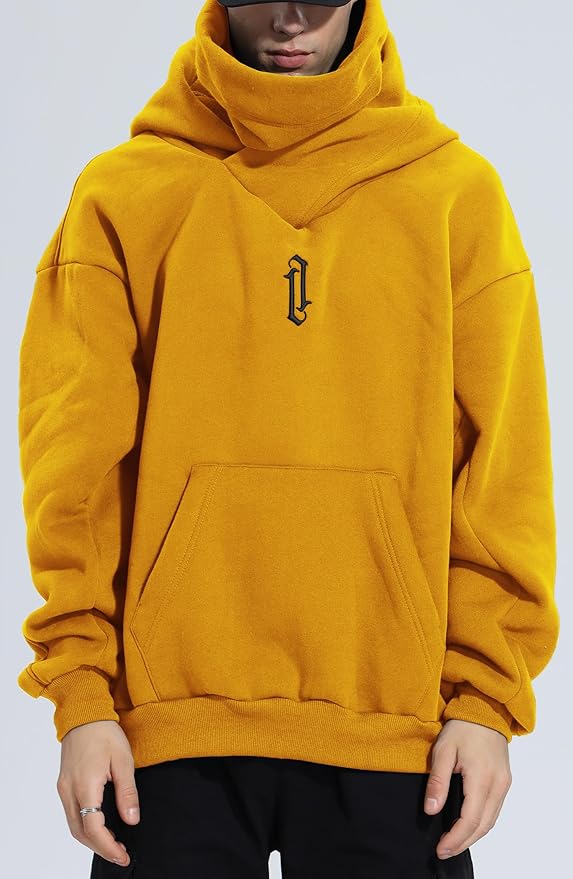 Fleece Hoodies for Men Cowl Neck Sweatshirts Hood with neck Gaiter Casual Pullover Fall Winter with Embroidery