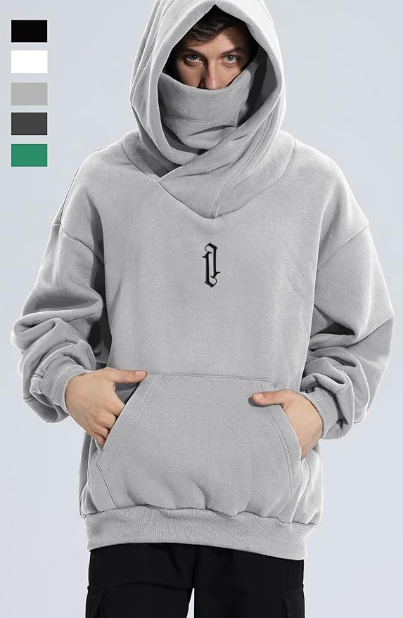 Fleece Hoodies for Men Cowl Neck Sweatshirts Hood with neck Gaiter Casual Pullover Fall Winter with Embroidery