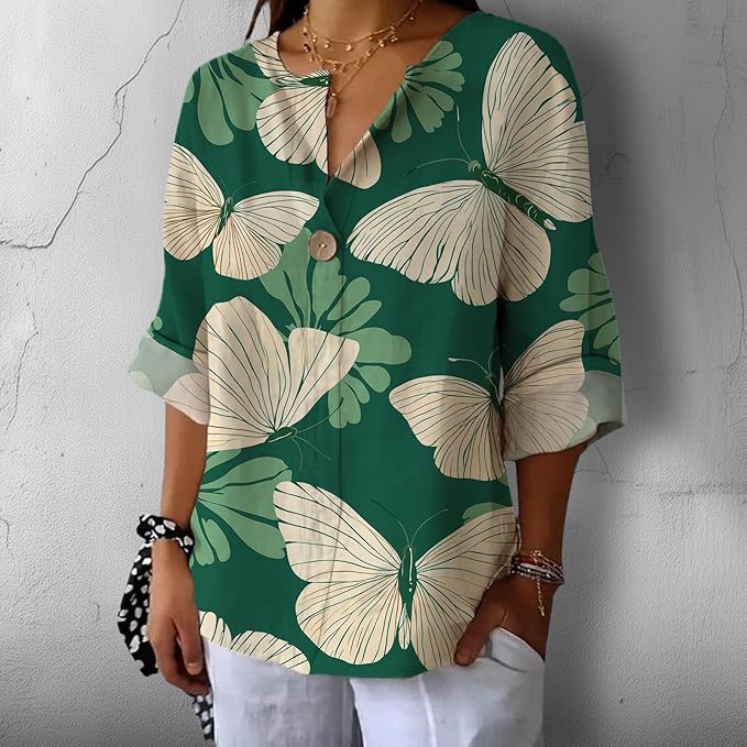 Fashion Shirts for Women Loose Fit Button Down V Neck Blouse 3/4 Sleeves Casual Tunic Tops Summer Outfits