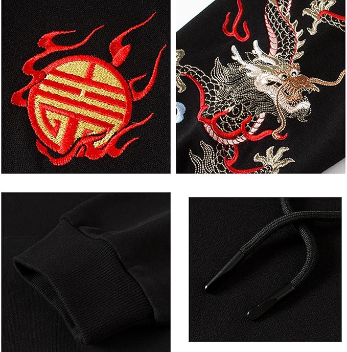 Streetwear Men's Dragon Embroidered Heavyweight Graphic Hoodies Japanese Techwear baggy Anime Hoodie