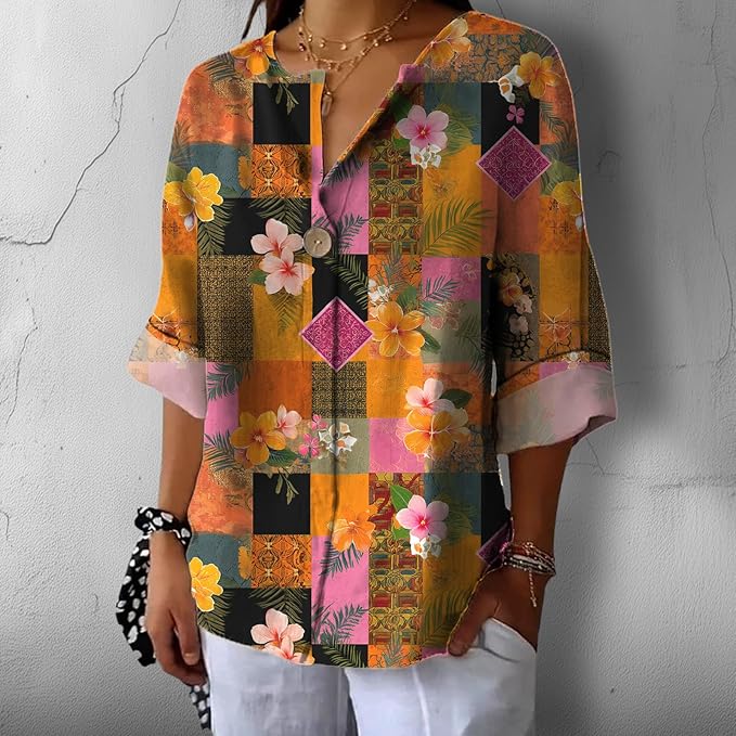 Fashion Shirts for Women Loose Fit Button Down V Neck Blouse 3/4 Sleeves Casual Tunic Tops Summer Outfits