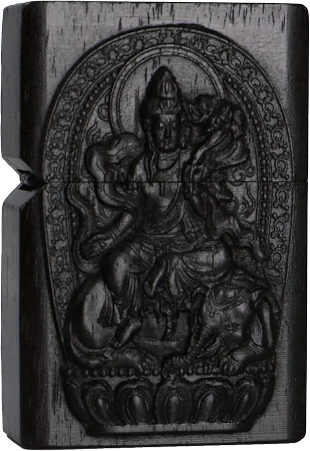 Natural Ebony Black Wood Carved Lighter Shell Box For Zippo Module (Protector Deity/Samantabhadra Boddhisattva)