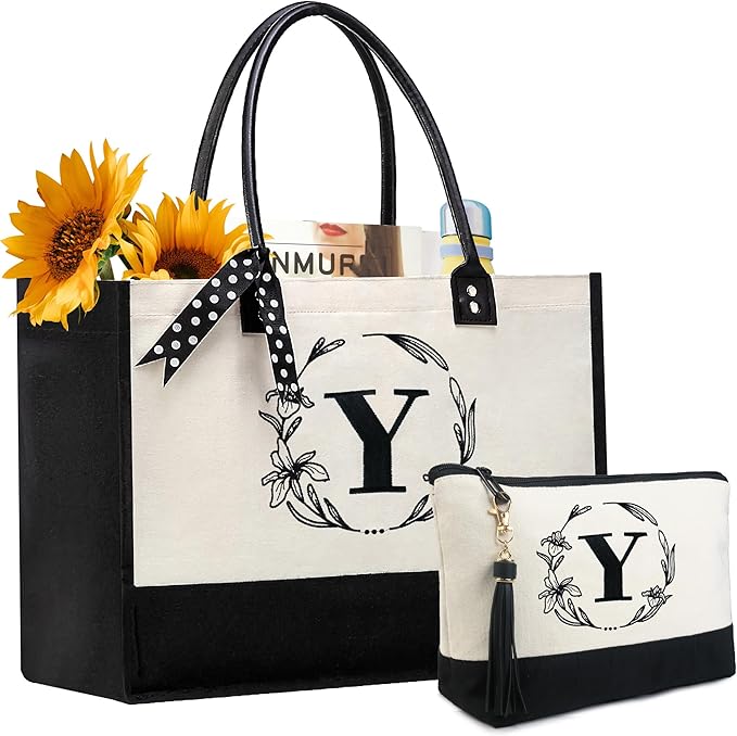 BeeGreen Birthday Gifts for Women, Large Canvas Tote Bag with Embroidery Initial Monogram for Christmas Friend Mother's Day Gifts, Zipper Pockets Leather Handles Y