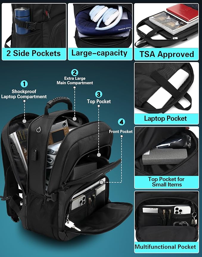 ProEtrade Travel Backpack, Extra Large Laptop Backpack School Business Anti Theft TSA Approved College Work Computer Bag Fits 17 Inch Laptop with USB Charging Port Bookbag for Women Men(Black)