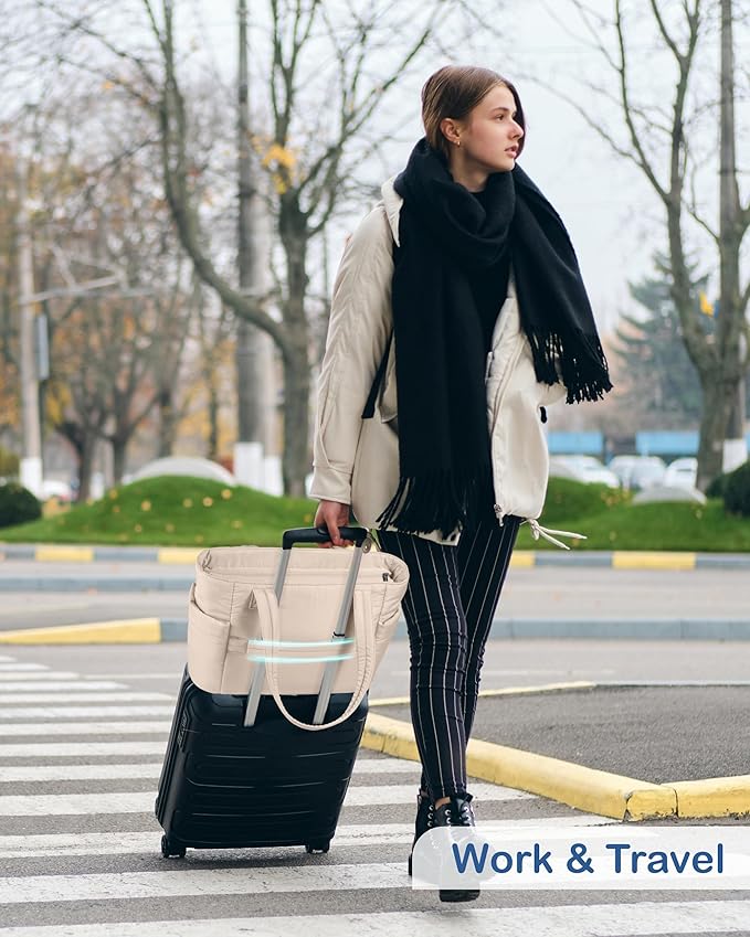 TOPDesign Puffy Tote Bag for Women with Cup Holder & Laptop Compartment & Cosmetic Bag & Trolley Sleeve for Work, Travel