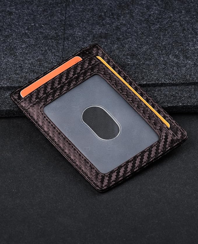 Buffway Slim Minimalist Front Pocket RFID Blocking Leather Wallets for Men and Women - Carbon Fiber Coffee
