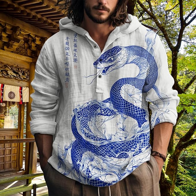 MARSVOVO Hooded Long Sleeve Shirt Men Fashion Graphic Button Up Lightweight Big and Tall Casual Vacation Shirts for Men