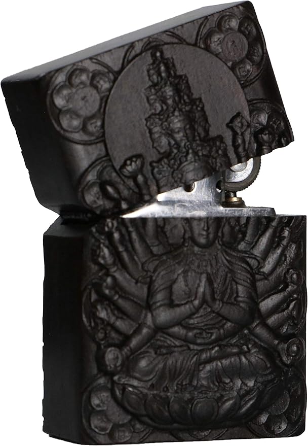Natural Ebony Black Wood Carved Lighter Shell Box For Zippo Module (Protector Deity /1000 Arms Avalokiteshvara of Goddess)