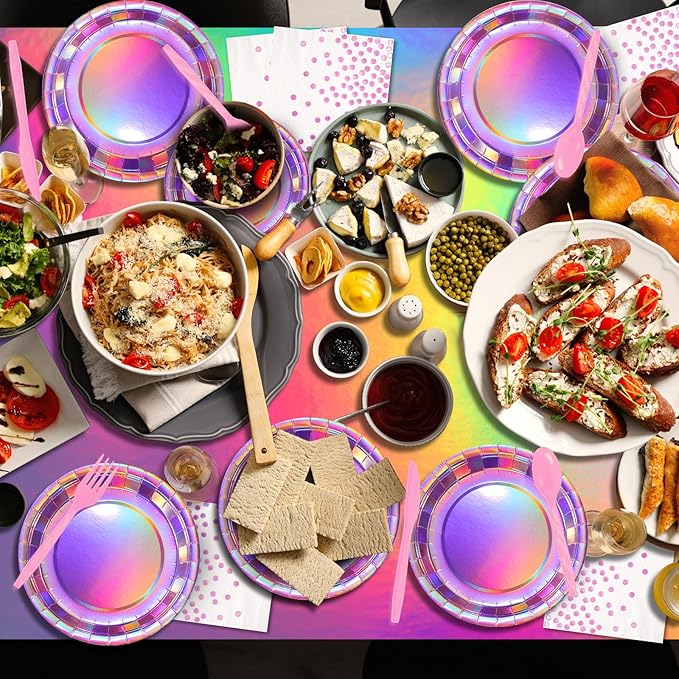 Iridescent Pink Party Supplies Decorations Serve 50, Hot Pink Holographic Paper Plates and Napkins Set, Disposable Pink Paper Plates Cups Knives Spoons Fork for Mermaid Disco Birthday Graduation Party