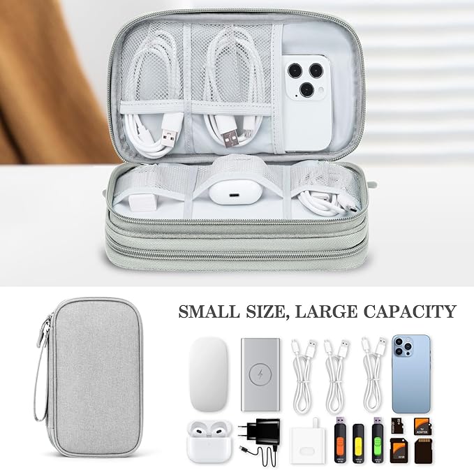 FYY Travel Electronic Cable Organizer Bag, Pouch Electronic Accessories Carry Case Portable Waterproof Double Layers Storage Bag for Cable, Cord, Charger, Phone, Earphone, Medium Size, Grey
