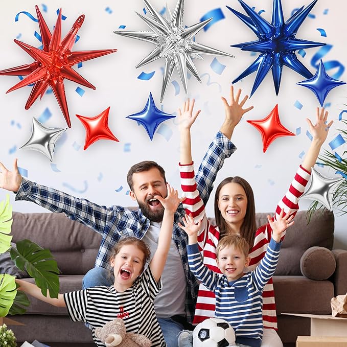 TONIFUL 18Pcs 22Inch Red Blue Silver Explosion Star Mylar Balloons and 10Inch Four Pointed Star Balloons Set for Christmas New Year Birthday Wedding Independence Day Anniversary Photo Booth Supplies