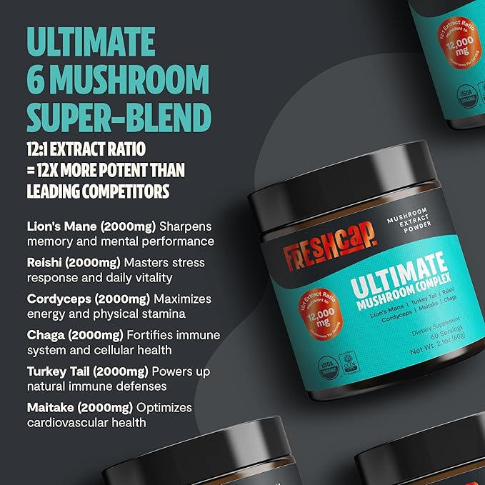 FreshCap Mushrooms Ultimate Mushroom Supplement Powder 12,000mg - Nootropic Organic Mushroom Complex for Focus & Memory, Brain Support Supplement, Ayurveda Mushroom Powder Extract (60 Servings)