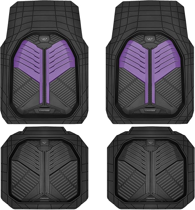CAR PASS Heavy Duty Rubber Car Mats, Deep Dish Car Floor Mats All Weather, Car Mats Full Set Trim to Fit for Sedans SUVs Trucks, Waterproof Anti-Slip Automotive Mats, Black and Purple (4 Pcs)
