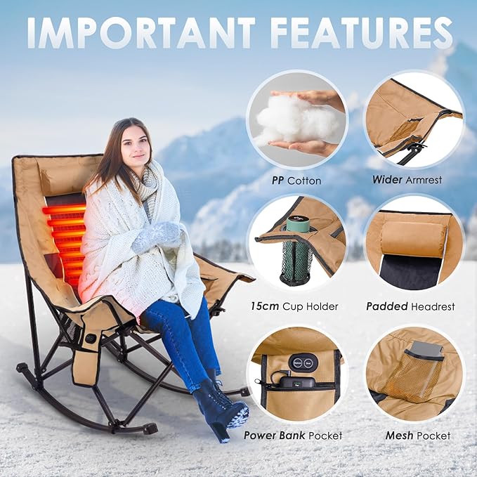 Suteck Heated Rocking Camping Chair, XL Oversized Rocking Chair Outdoor with 3 Heat Levels for Back and Seat, Heated Chairs Outdoor Sports W/20,000mAh Power Bank for Patio Lawn Picnic Travel