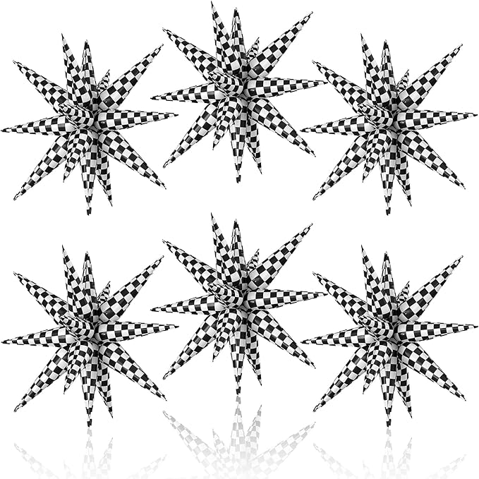 6PCS Checkered Star Balloons, 22 Inch Large Black and White Star Foil Balloons for Racing Themed Birthday Wedding Anniversary Party Backdrops Decorations