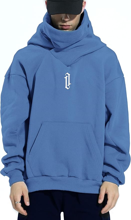 Fleece Hoodies for Men Cowl Neck Sweatshirts Hood with neck Gaiter Casual Pullover Fall Winter with Embroidery