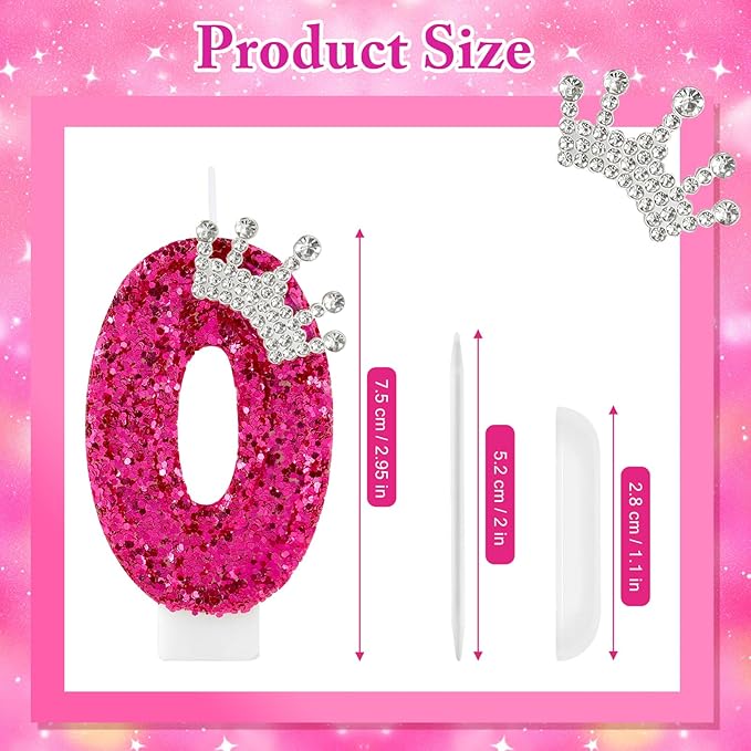 AKURIEEY Hot Pink Birthday Candles Crown Number 0 Candle Birthday Party Decorations Cake Topper Cupcake Decor for Anniversary Celebrations Supplies
