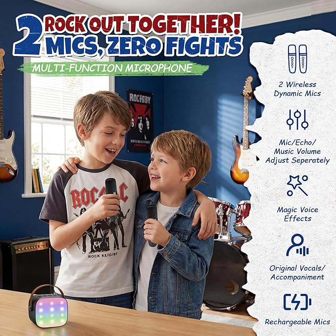 YLL Mini Karaoke Machine with 2 Wireless Microphones for Kids Adults, Portable Bluetooth Speaker, 2026 Top Birthday Gift for Boys Girls 3, 4, 5, 6, 7, 8, 9, 10, 12+ Years Old Grandkids Present (Black)