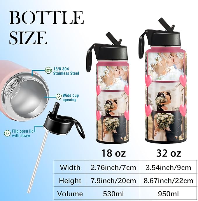 Personalized Photo Water Bottles, 18oz/32oz Custom 9 Pictures Stainless Steel Insulated Sport Water Bottle with Straw Lid & Handle, Customized Cup Gifts for Men Women Birthday Anniversary Christmas