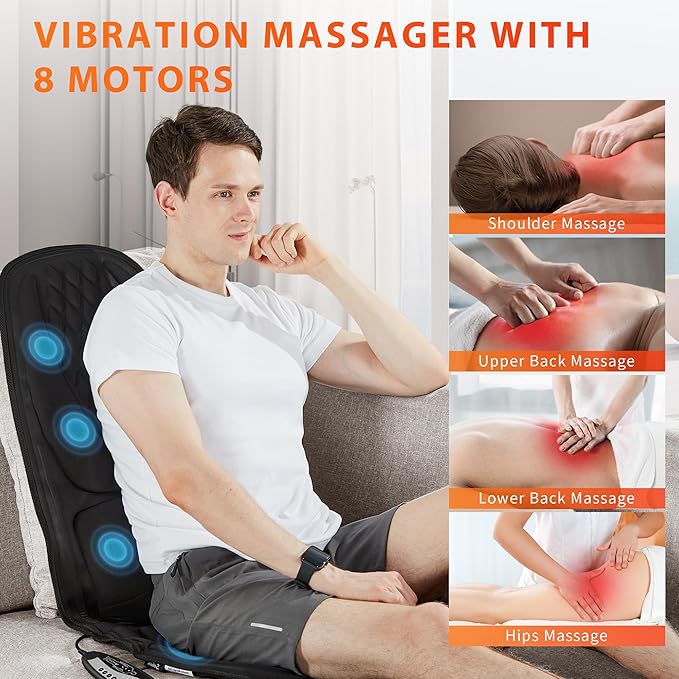 Back Massager with Heat, Seat Massager with 8 Powerful Vibration Motors, Portable Massage Chair Pad for Office Home Use, Gift for Men/Women/Family/Friends