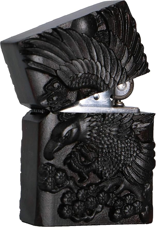 Natural Ebony Black Wood Carved Lighter Shell Box For Zippo Module (Eagle)