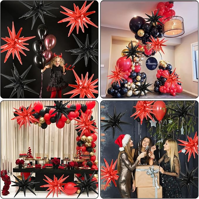 6PCS Black Red Star Balloons, 22Inch Large Star Balloon Explosion Foil Balloons Cone Spike Balloon for Birthday Graduation Festival Film Casino New Year Party Decorations