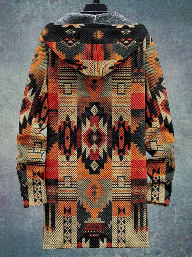 2025 Men's Ethnic Pattern Hooded Jacket Long Cardigan Hoodies Full Zip Vintage Knitted Zipper Coat with Pocket