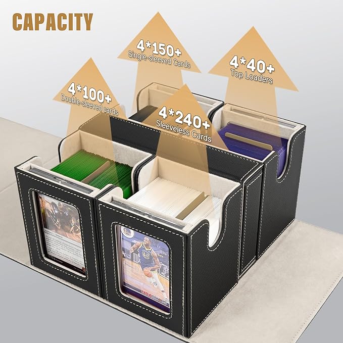 Card Deck Box for MTG with Commander Display, 5 in 1 Card Storage Box Fits 400+ Double-sleeved Cards, Removable Deck Case for TCG/Sports Cards with Dice Tray, 4 Magnetic Card Holders (Black Gold)
