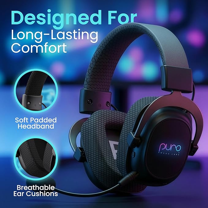 Puro Sound Labs Wireless Gaming Headset - Easy to Pair with 2.4GHz USB, Volume-Limited, Tri-Mode Connectivity, Detachable Mic, 32-Hour Battery, Wireless Gaming Headphones for PC - PuroGamer-BT, Black