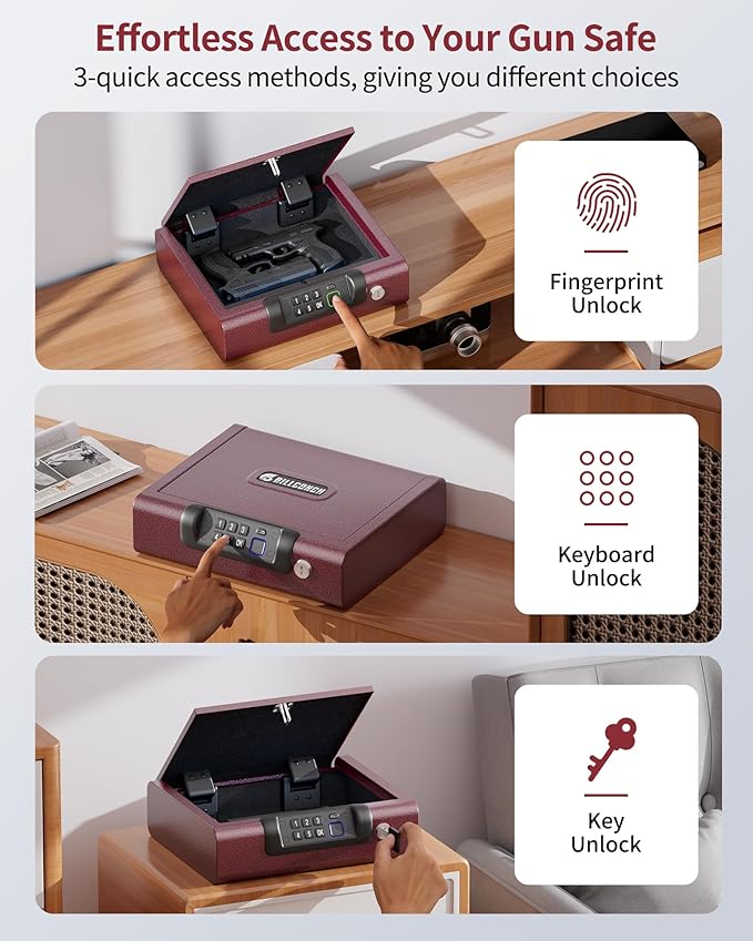 Gun Safe,Biometric Gun Safe for Pistols 3-Ways unlock Fingerprint Digital PIN Key Unlock with Voice,Lock box for Cloakroom living room Bedroom Nightstand and Car BILLCONCH - Burgundy Red